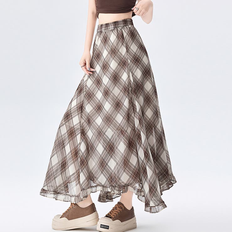 ベージュ | チェック柄ボリュウームシフォンマーメイドスカート | WITCH
