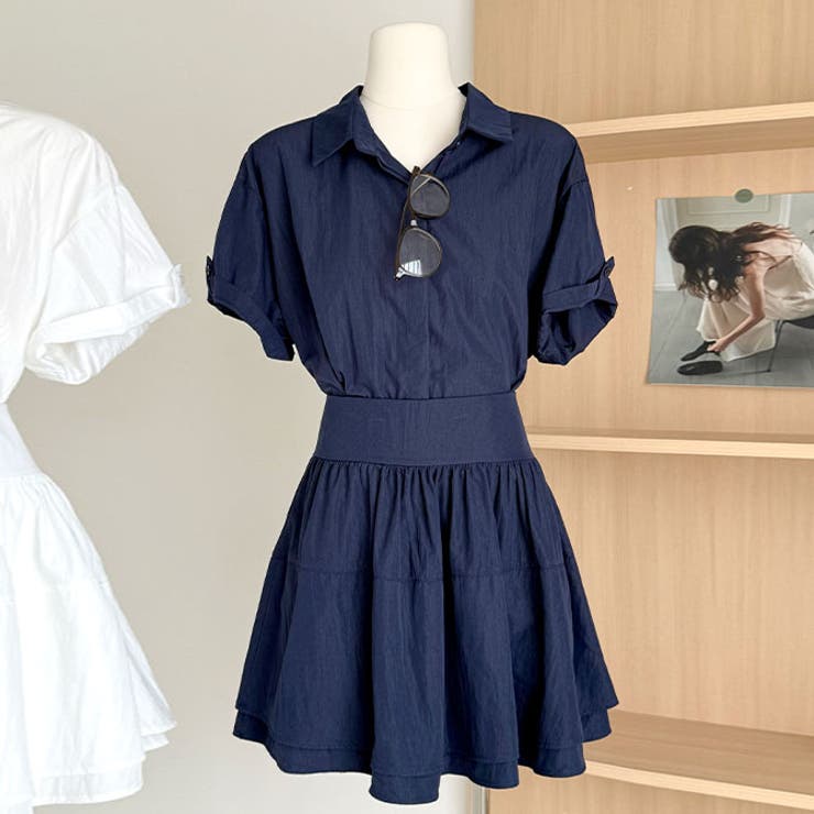 ネイビー | 春夏新作2点セットティアードシャツ+ギャザースカート | WITCH