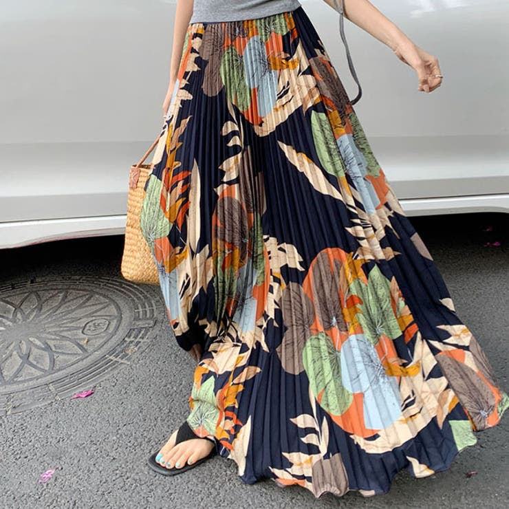 ネイビー | 花柄プリーツスカートロング マキシ丈 | WITCH