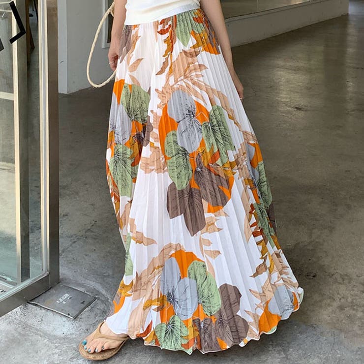 ベージュ | 花柄プリーツスカートロング マキシ丈 | WITCH