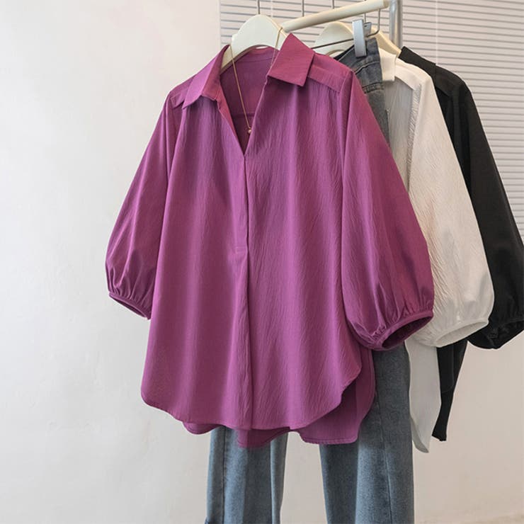 ホットピンク | 七分袖ランタンスリーブトップスゆったりミディ丈  | WITCH