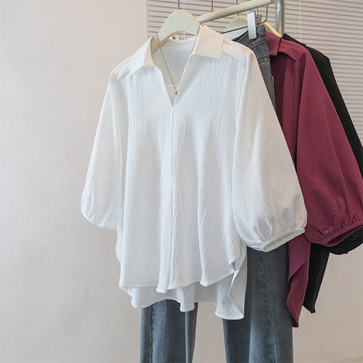 ホワイト | 七分袖ランタンスリーブトップスゆったりミディ丈  | WITCH