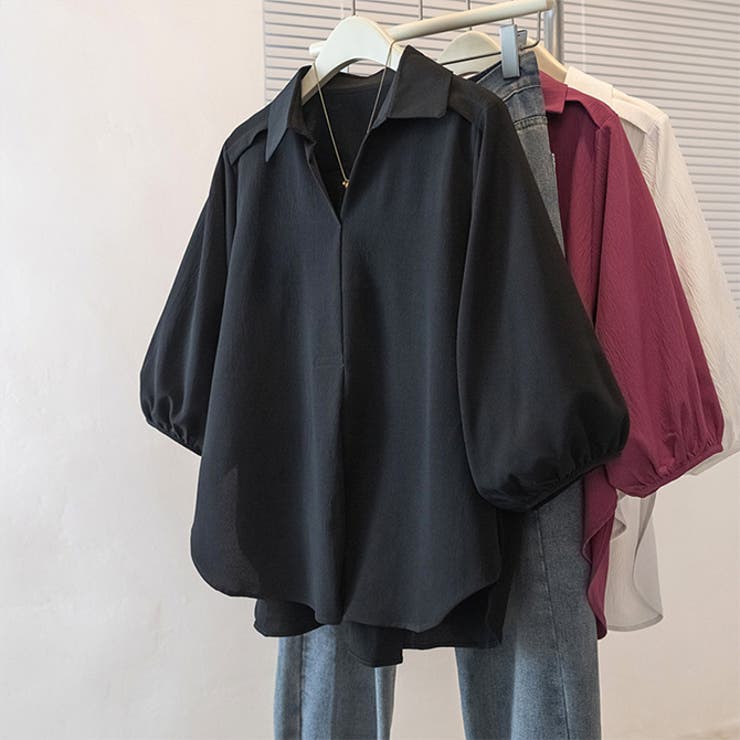 ブラック | 七分袖ランタンスリーブトップスゆったりミディ丈  | WITCH