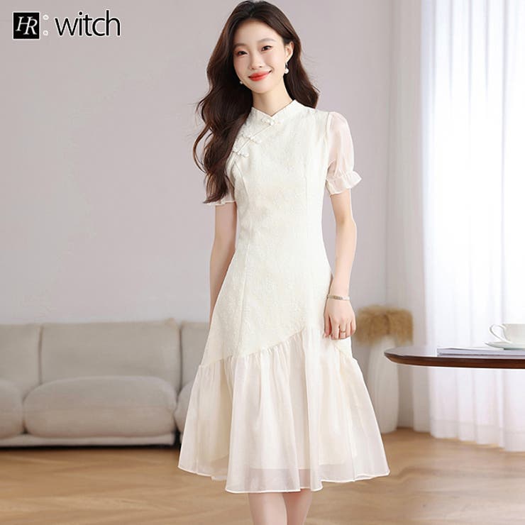 チャイナドレス レトロ風ワンピース 異素材切り替え 半袖 パフ袖 | WITCH | 詳細画像1 