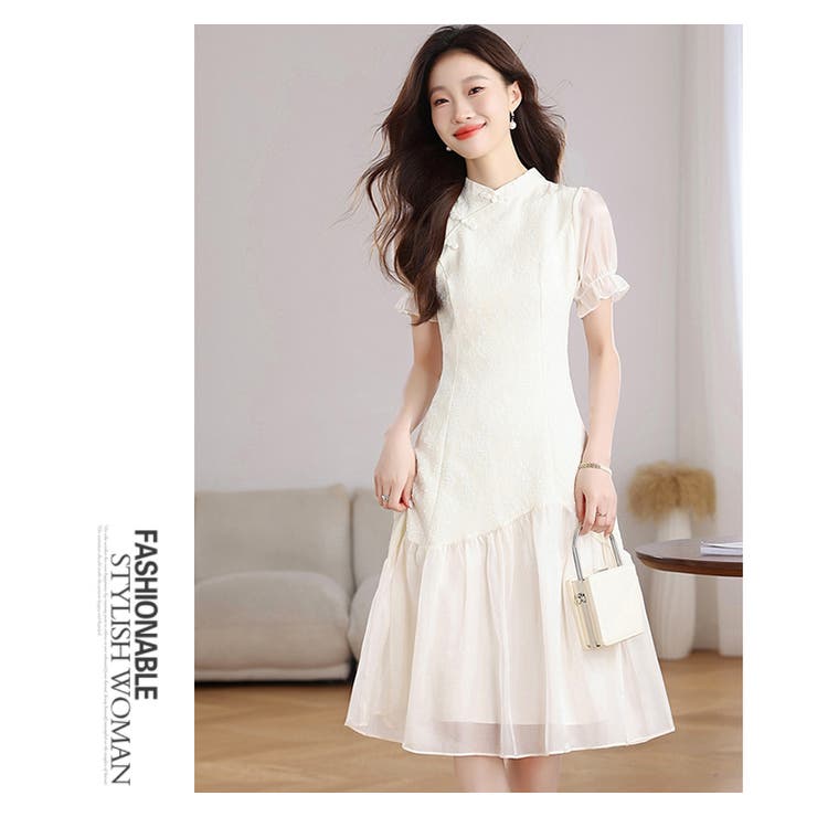 チャイナドレス レトロ風ワンピース 異素材切り替え 半袖 パフ袖 | WITCH | 詳細画像9 