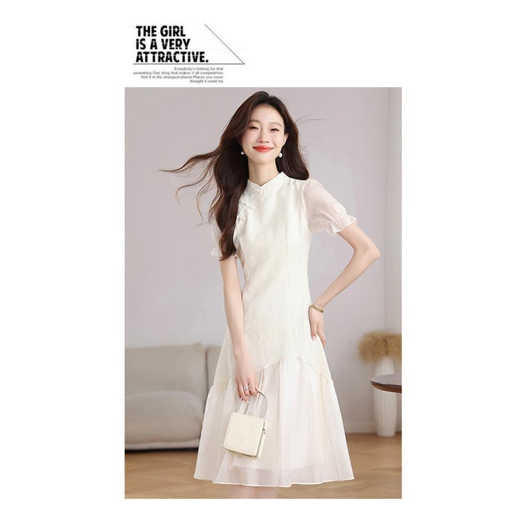 チャイナドレス レトロ風ワンピース 異素材切り替え 半袖 パフ袖 | WITCH | 詳細画像10 