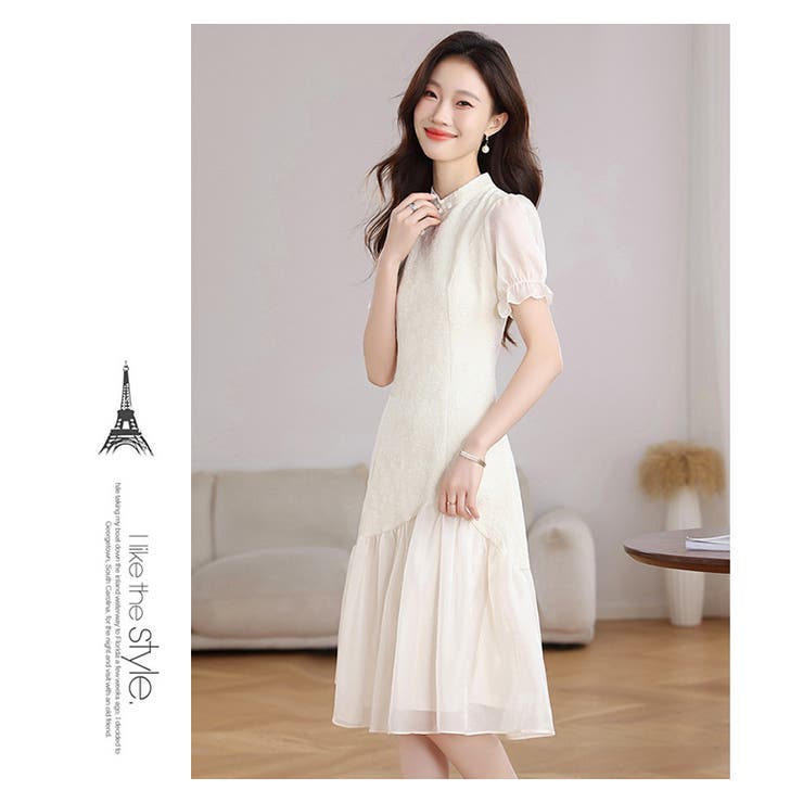 チャイナドレス レトロ風ワンピース 異素材切り替え 半袖 パフ袖 | WITCH | 詳細画像11 