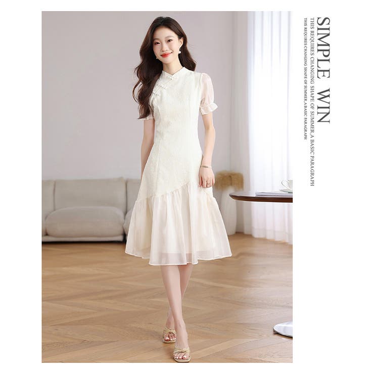 チャイナドレス レトロ風ワンピース 異素材切り替え 半袖 パフ袖 | WITCH | 詳細画像12 