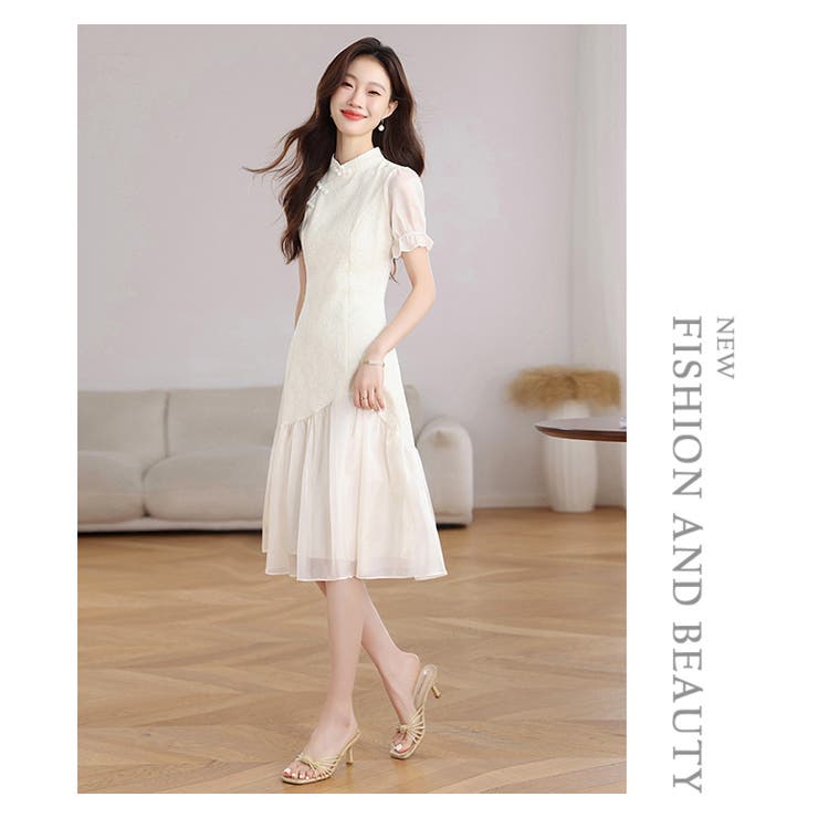 チャイナドレス レトロ風ワンピース 異素材切り替え 半袖 パフ袖 | WITCH | 詳細画像13 