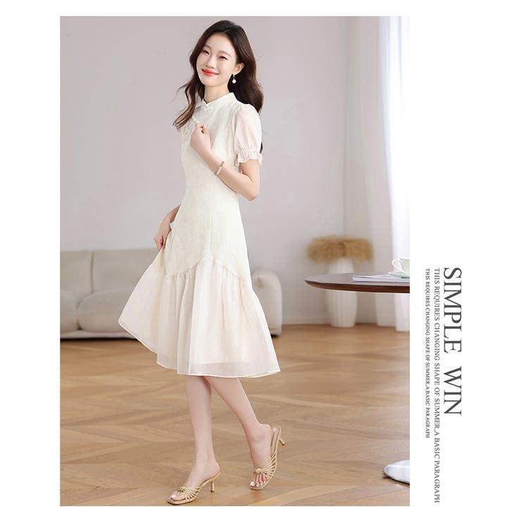 チャイナドレス レトロ風ワンピース 異素材切り替え 半袖 パフ袖 | WITCH | 詳細画像14 