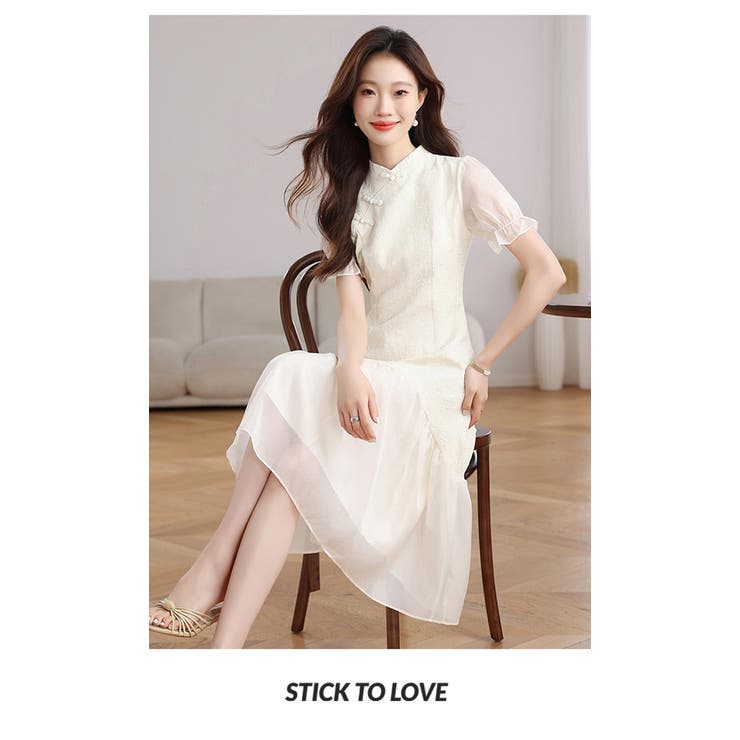 チャイナドレス レトロ風ワンピース 異素材切り替え 半袖 パフ袖 | WITCH | 詳細画像16 