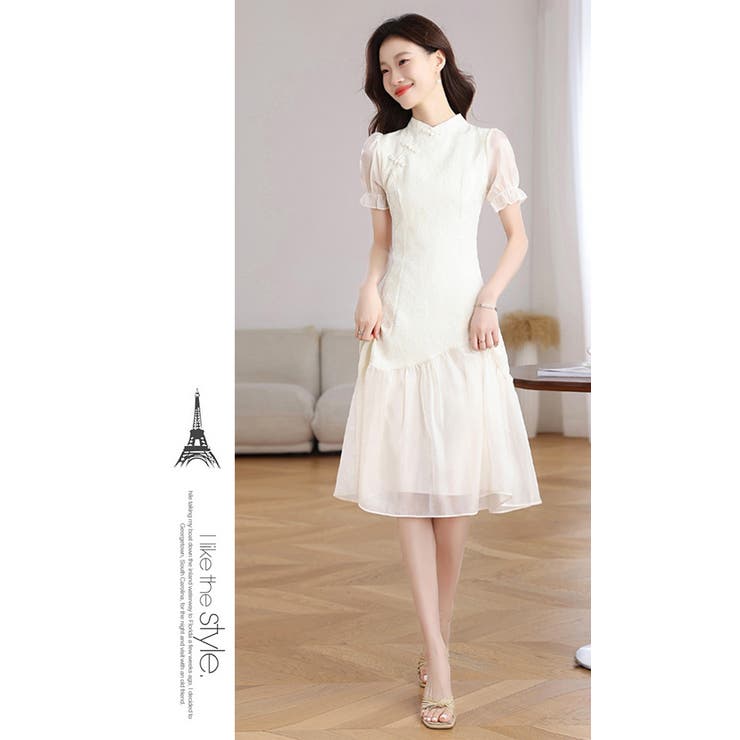 チャイナドレス レトロ風ワンピース 異素材切り替え 半袖 パフ袖 | WITCH | 詳細画像17 