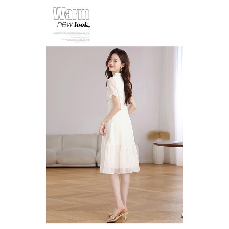 チャイナドレス レトロ風ワンピース 異素材切り替え 半袖 パフ袖 | WITCH | 詳細画像18 