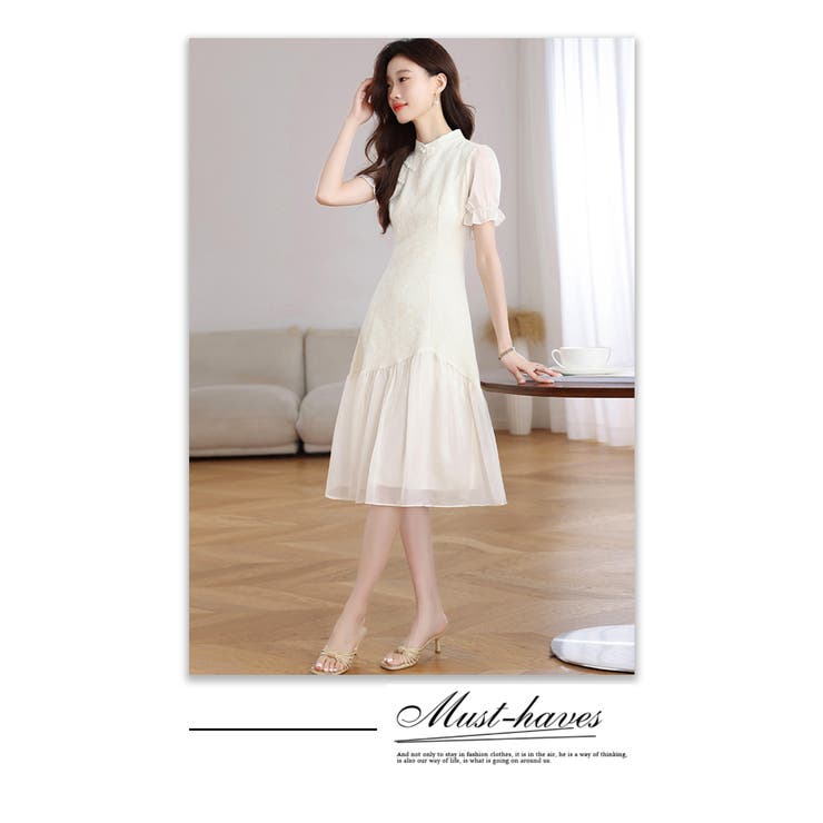 チャイナドレス レトロ風ワンピース 異素材切り替え 半袖 パフ袖 | WITCH | 詳細画像19 