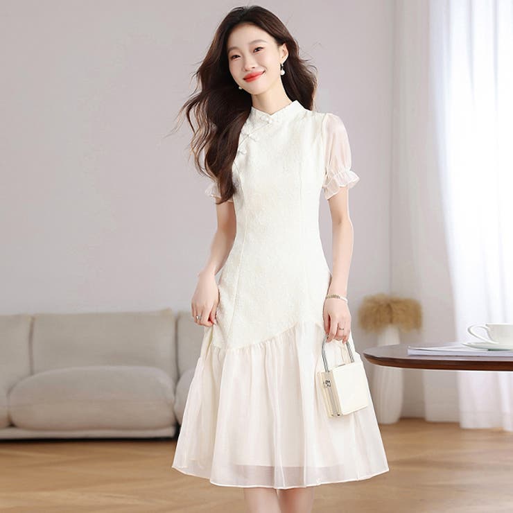 ベージュ | チャイナドレス レトロ風ワンピース 異素材切り替え 半袖 パフ袖 | WITCH