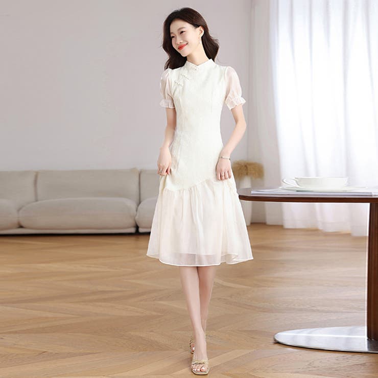 チャイナドレス レトロ風ワンピース 異素材切り替え 半袖 パフ袖 | WITCH | 詳細画像2 