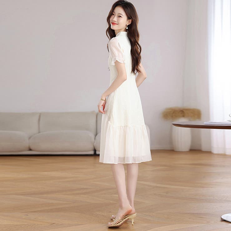 チャイナドレス レトロ風ワンピース 異素材切り替え 半袖 パフ袖 | WITCH | 詳細画像3 