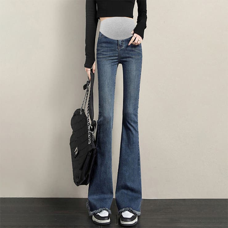 ブルー | 新作マタニティ裾フリンジフレアデニムパンツ | WITCH