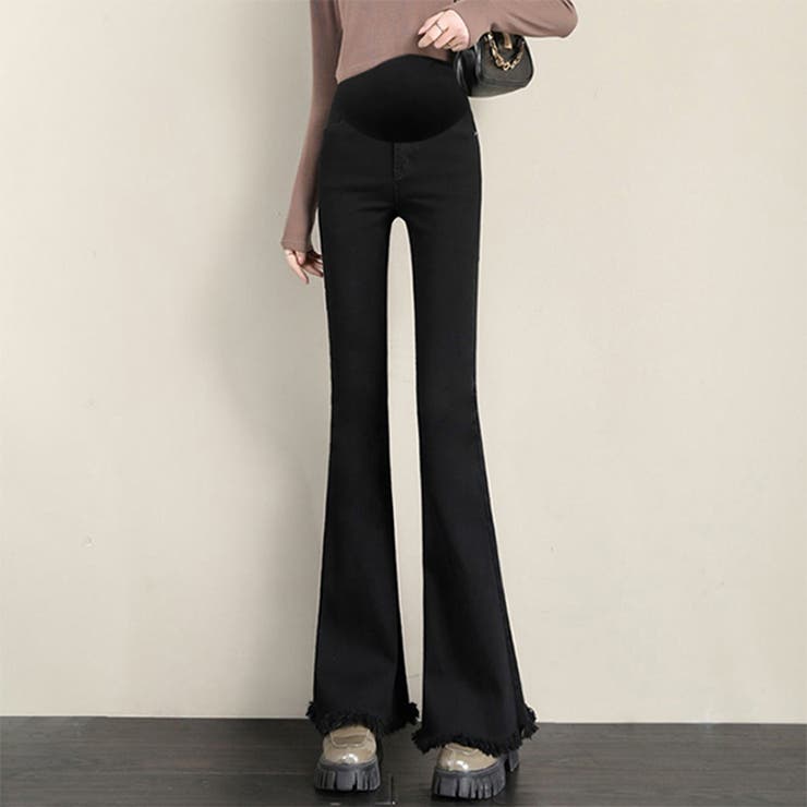 ブラック | 新作マタニティ裾フリンジフレアデニムパンツ | WITCH