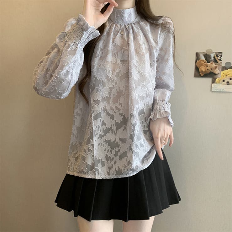 グレー | 花柄ジャガード ブラウス透け感シアー 長袖  | WITCH