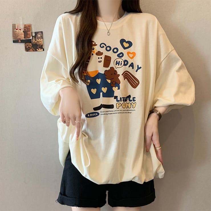 ベージュ | かわいいプリント半袖カジュアルTシャツ | WITCH