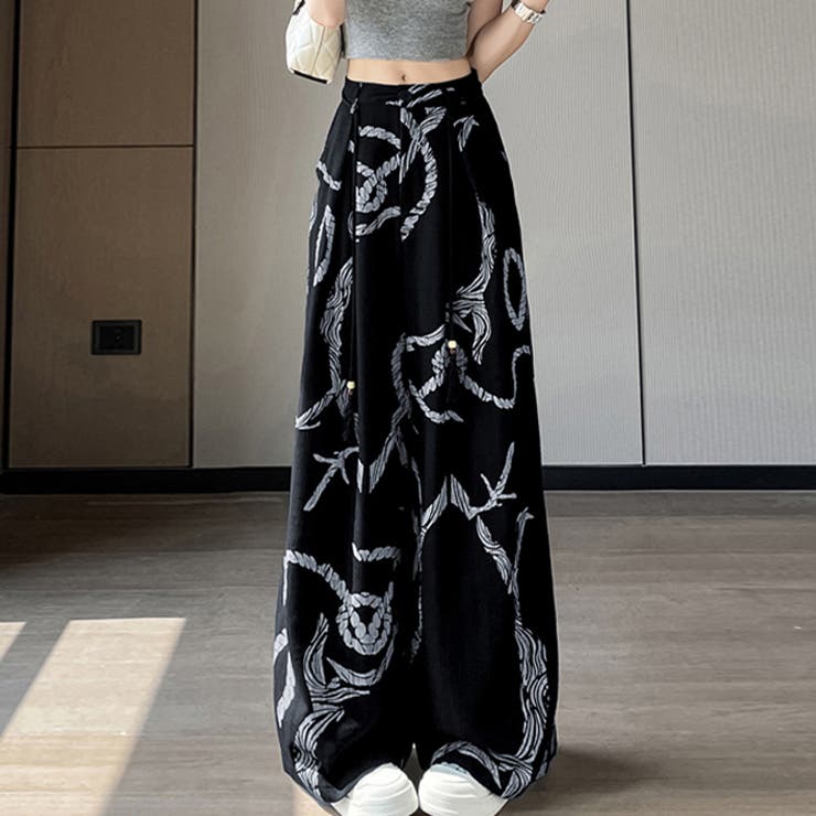 ブラック | ニュアンスロープ柄ゆったりとしたシルエットのワイドパンツ | WITCH