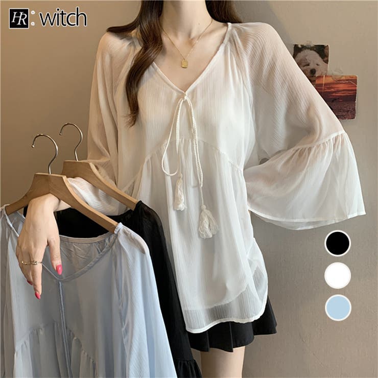 透け感のあるシフォン素材のフレア袖ブラウス | WITCH | 詳細画像1 