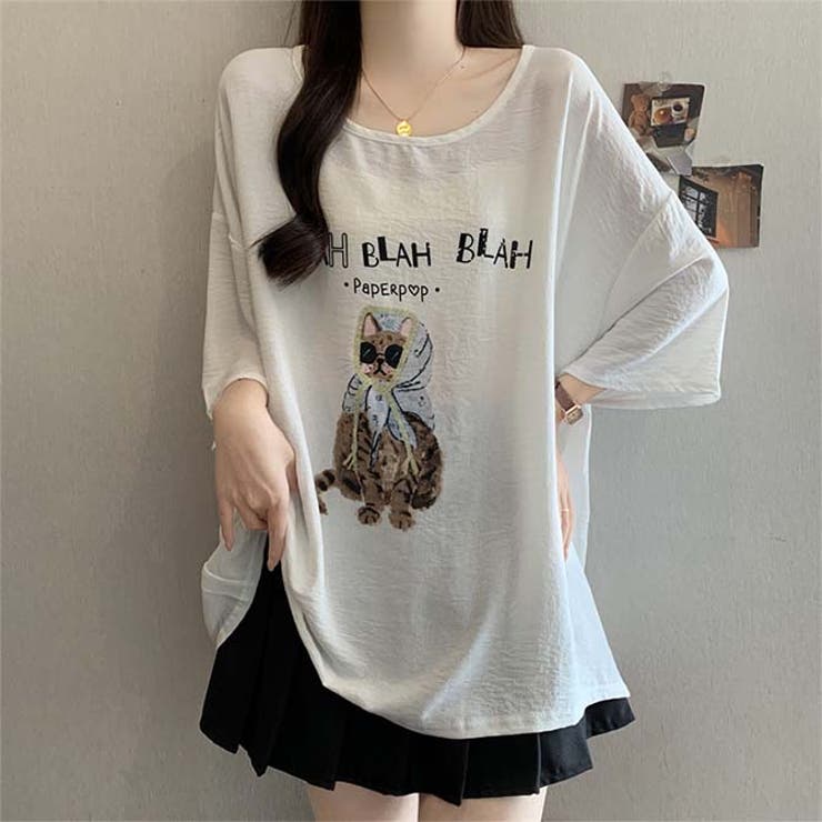 サングラスとフードを着用した猫のイラストゆったり半袖Tシャツ | WITCH | 詳細画像8 