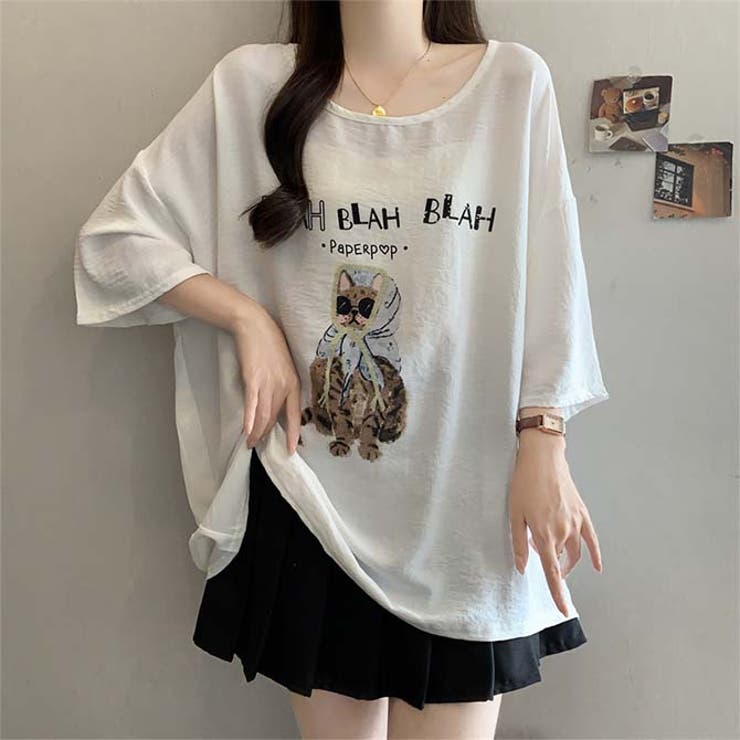 サングラスとフードを着用した猫のイラストゆったり半袖Tシャツ | WITCH | 詳細画像10 