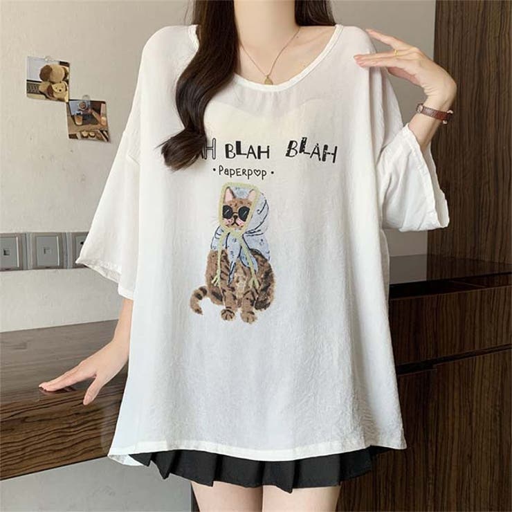 サングラスとフードを着用した猫のイラストゆったり半袖Tシャツ | WITCH | 詳細画像11 