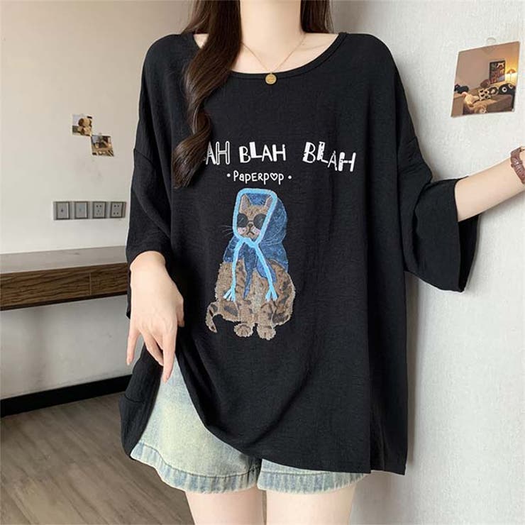 サングラスとフードを着用した猫のイラストゆったり半袖Tシャツ | WITCH | 詳細画像12 