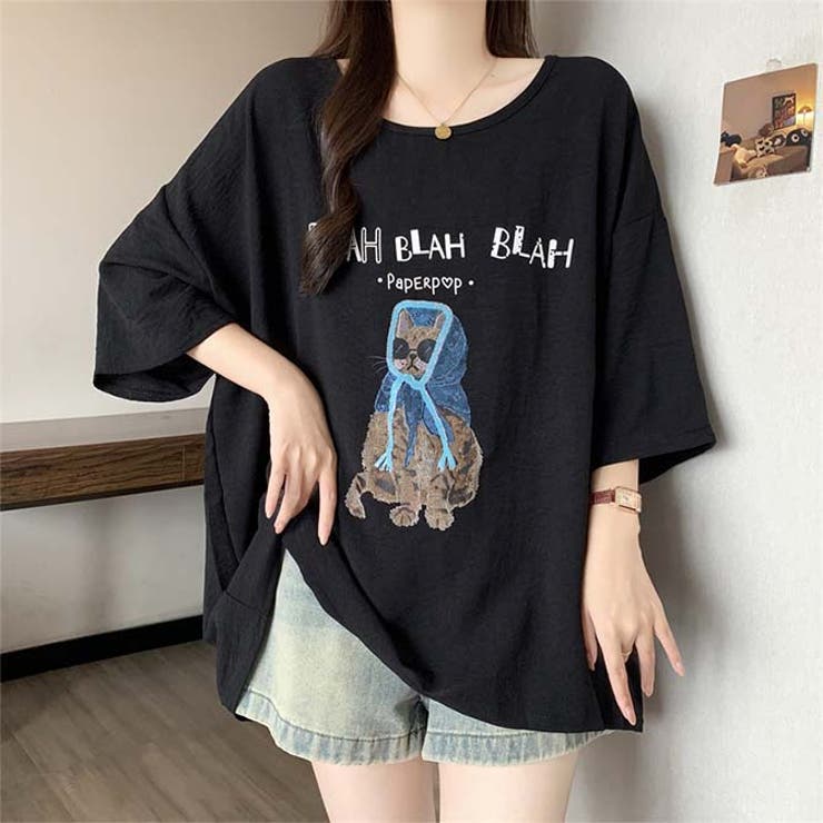 サングラスとフードを着用した猫のイラストゆったり半袖Tシャツ | WITCH | 詳細画像13 