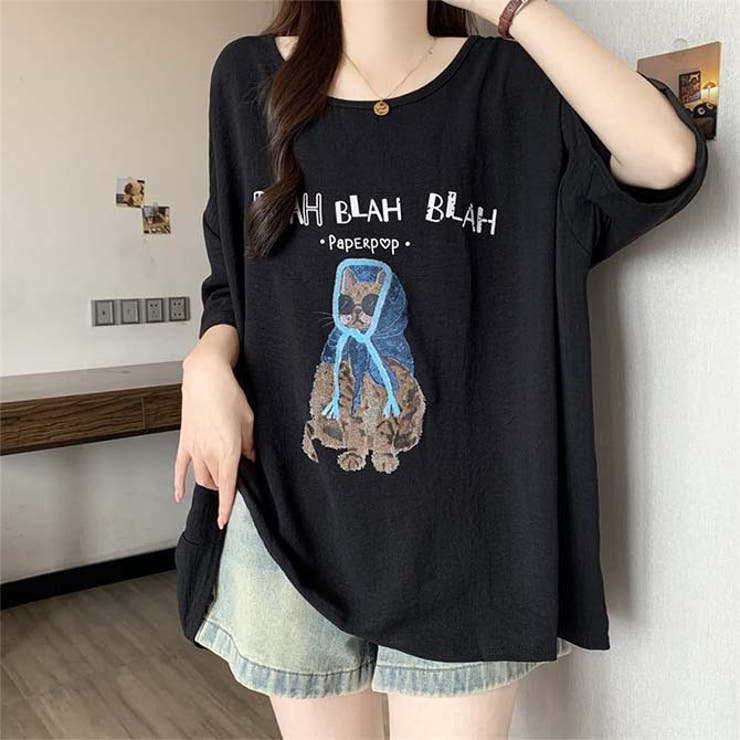 サングラスとフードを着用した猫のイラストゆったり半袖Tシャツ | WITCH | 詳細画像14 