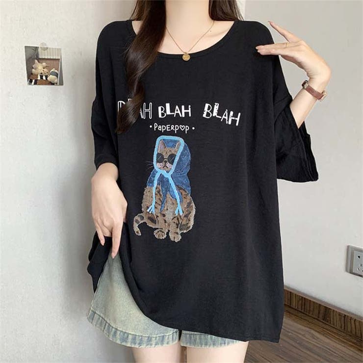 サングラスとフードを着用した猫のイラストゆったり半袖Tシャツ | WITCH | 詳細画像15 