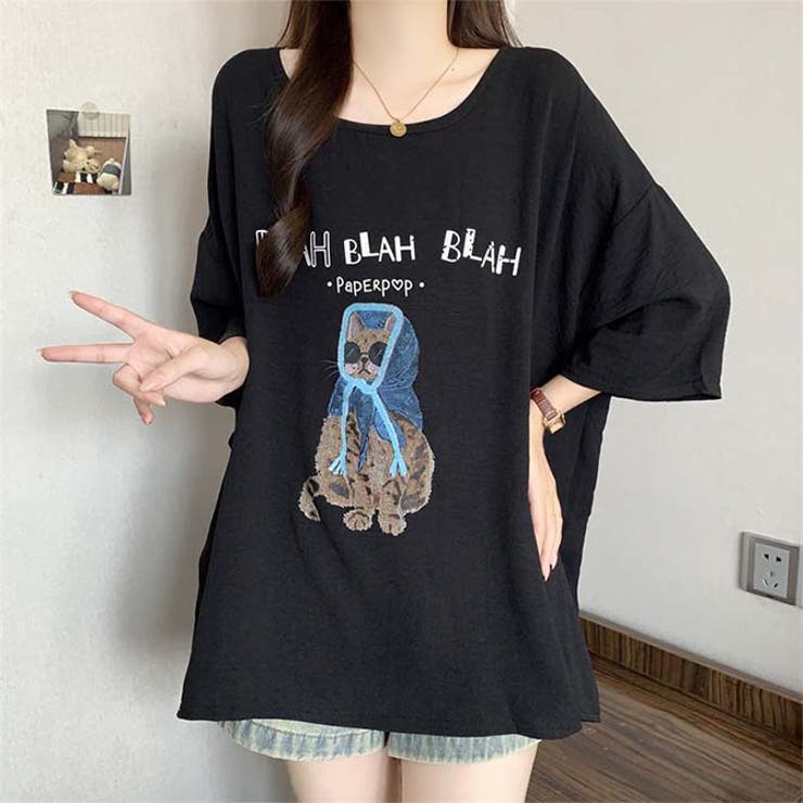 サングラスとフードを着用した猫のイラストゆったり半袖Tシャツ | WITCH | 詳細画像16 