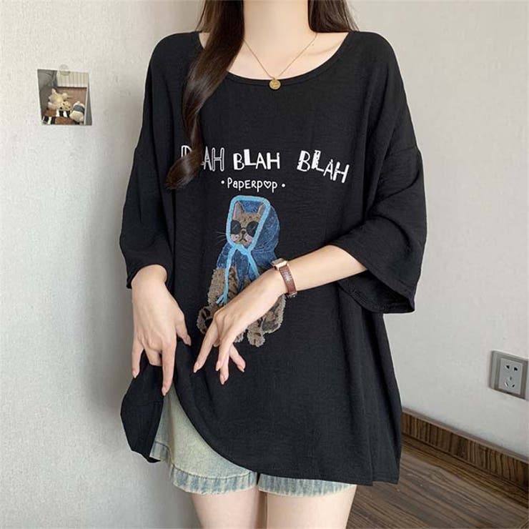 サングラスとフードを着用した猫のイラストゆったり半袖Tシャツ | WITCH | 詳細画像17 