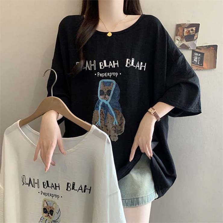 サングラスとフードを着用した猫のイラストゆったり半袖Tシャツ | WITCH | 詳細画像18 