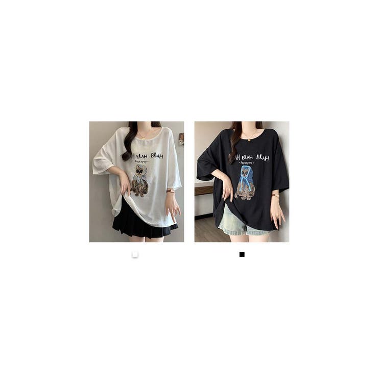 サングラスとフードを着用した猫のイラストゆったり半袖Tシャツ | WITCH | 詳細画像6 