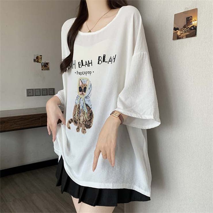サングラスとフードを着用した猫のイラストゆったり半袖Tシャツ | WITCH | 詳細画像3 
