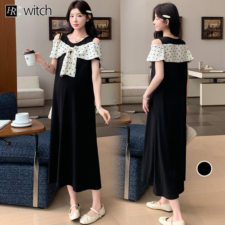 マタニティワンピオープンショルダードット柄の大きなリボン | WITCH | 詳細画像1 