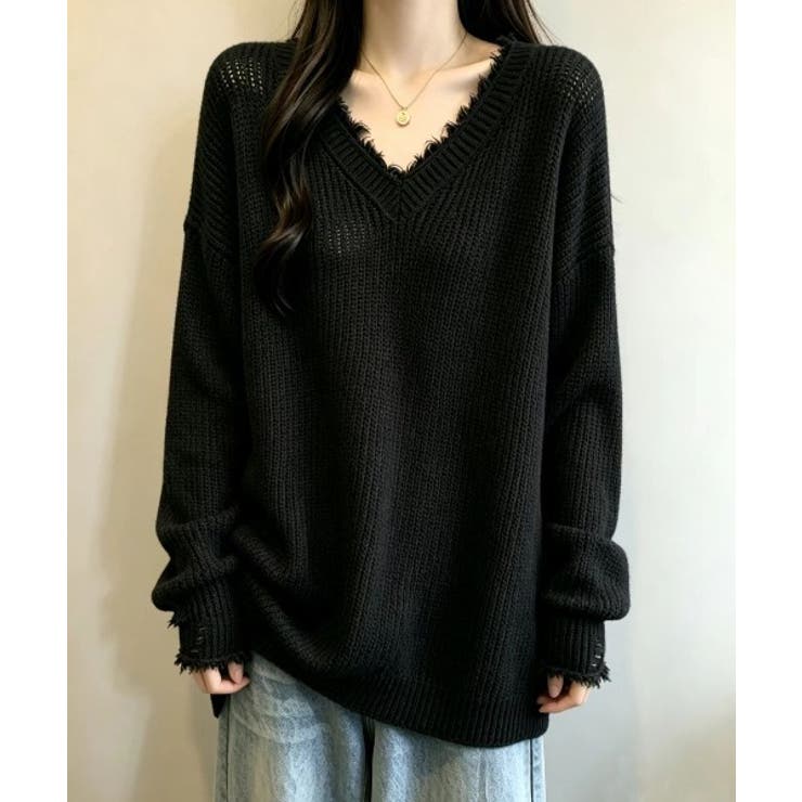 ブラック | ダメージ加工 Vネック・オーバーサイズニット | WITCH
