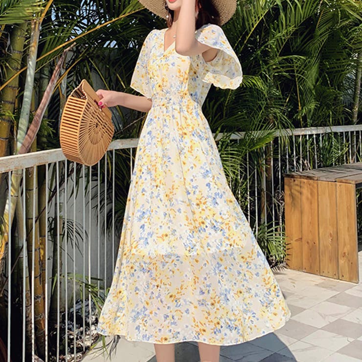 袖フリル シフォン ロング ワンピース 花柄 半袖 ワンピ 夏 新作 品番 Herw Witch ウィッチ のレディースファッション通販 Shoplist ショップリスト