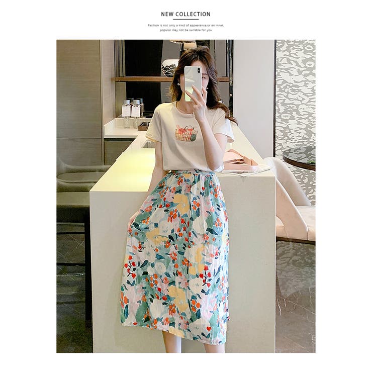 春 夏 新作 セットアップ シンプルデザイン Tシャツ+花柄 スカート