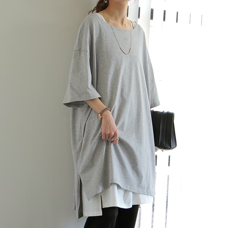 グレー | Tシャツ レディース 半袖 無地 綿 カットソー ビッグシルエット Uネック | HUG.U