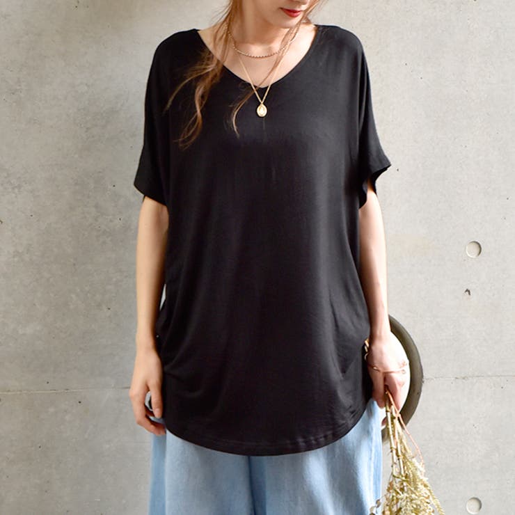 ブラック | トップス レディース Tシャツ カットソー 半袖 Vネック 無地 シンプル ド | HUG.U