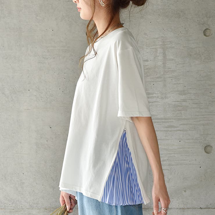 ホワイト | トップス Tシャツ レディース カットソー チュニック 半袖 ストライプ プリ | HUG.U