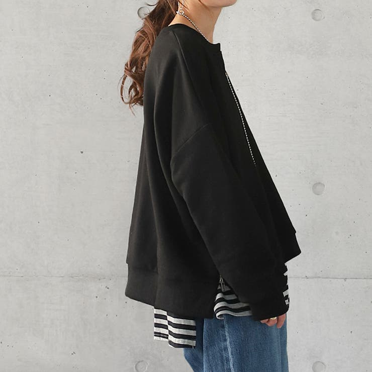 ブラック | トップス スウェット レディース トレーナー 無地 長袖 レイヤード | HUG.U