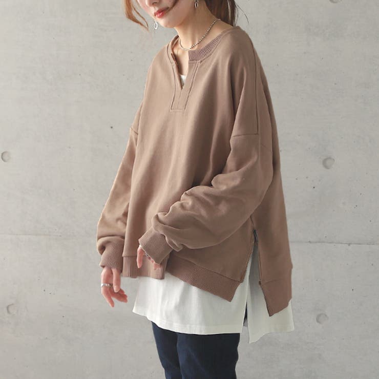 モカ | トップス スウェット レディース トレーナー 無地 長袖 レイヤード | HUG.U