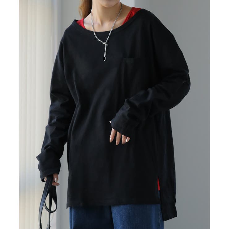 ブラック | ロンT レディース トップス カットソー 長袖 ロングTシャツ Tシャツ 無地 | HUG.U