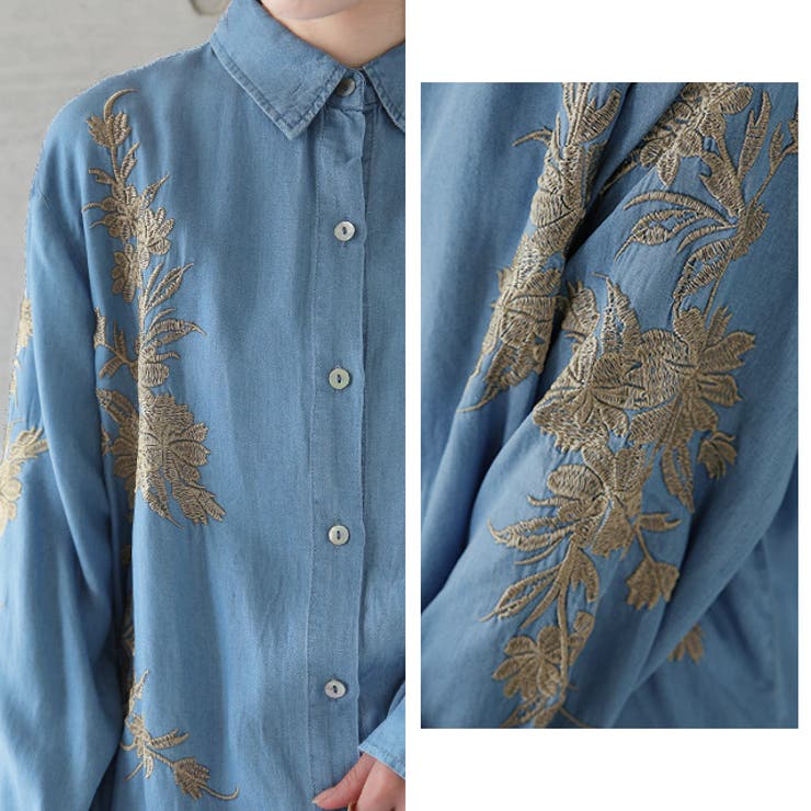 シャツ レディース サステナブル デニムシャツ デニム風 デニム トップス 刺 | HUG.U | 詳細画像22 
